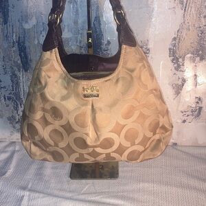 Authentic Coach 2012 OP ART MAGGIE Signature C Canvas Jacquard TAN with Leather